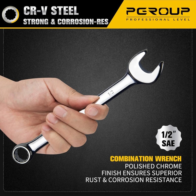 pgroup 1/2" SAE Combination Wrench, CR-V Steel with Mirror Polish, 12-Point Design, 15-Degree Offset, Perfect for Auto Repair, Household, Car & Truck Emergency - Image 4